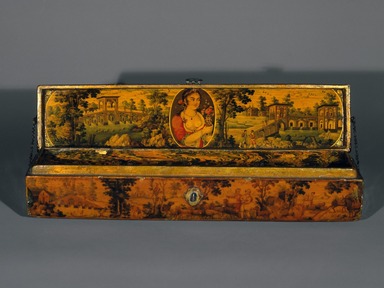  <em>Pen box</em>, 19th century. Ink, opaque watercolor, and gold with gold flecks on papier mâché under lacquered varnish; lacquered marbleized paper, 2 x 2 1/4 x 10 7/8 in. (5.1 x 5.7 x 27.6 cm). Brooklyn Museum, Gift of Mr. and Mrs. A. Hyatt Mayor in honor of Charles K. Wilkinson, 75.6. Creative Commons-BY (Photo: Brooklyn Museum, 75.6_edited_version_SL1.jpg)