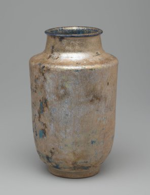  <em>Albarello</em>, 13th century. Ceramic; fritware, painted in cobalt blue under a transparent turquoise glaze; heavy iridescence, 6 1/8 x 4 1/16 in. (15.5 x 10.3 cm). Brooklyn Museum, Gift of Leon Pomerance, 75.8. Creative Commons-BY (Photo: Brooklyn Museum, 75.8_side1_PS2.jpg)