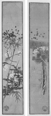 Shibata Zeshin (Japanese, 1807-1891). <em>Pair of Tanzaku Paintings</em>, 19th century. Ink, color, gold and silver fleck on silk, Overall: 19 x 6 in. (48.3 x 15.2 cm). Brooklyn Museum, Purchased with funds given by Mary Livingston Griggs and Mary Griggs Burke, 76.117.1a-b (Photo: Brooklyn Museum, 76.117.a-b_bw.jpg)