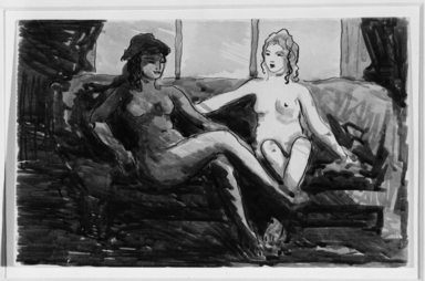 Robert Henri (American, 1865-1929). <em>[Untitled] (Two Nudes on a Sofa)</em>, n.d. Pen, ink and wash on paper, Sheet: 5 x 8 in. (12.7 x 20.3 cm). Brooklyn Museum, Gift of Dr. and Mrs. Theodore Leshner, 76.127.4 (Photo: Brooklyn Museum, 76.127.4_print_bw.jpg)