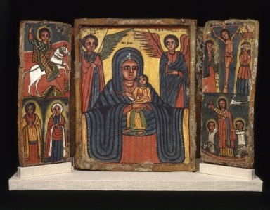 Amhara. <em>Painted Icon, Double Triptych</em>, 19th century. Gesso on linen, tempera, wood, 12 x 18 in. (35.0 x 45.7 cm). Brooklyn Museum, Gift of Mr. and Mrs. Franklin H. Williams, 76.132. Creative Commons-BY (Photo: Brooklyn Museum, 76.132_recto_SL1.jpg)