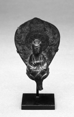  <em>Figure of Seated Buddha</em>, 8th century. Cast bronze, Excluding Stand: 4 x 2 1/4 in. (10.2 x 5.7 cm). Brooklyn Museum, Gift of Bernice and Robert Dickes, 76.149.2. Creative Commons-BY (Photo: Brooklyn Museum, 76.149.2_view2_bw.jpg)