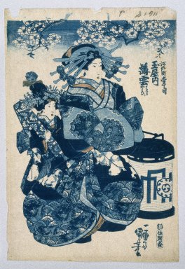 Utagawa Kuniyoshi (Japanese, 1798-1861). <em>The Courtesans Usugomo, Haruka, and Yayoi of the Tamaya Teahouse</em>, ca. 1840. Color woodblock print on paper, Other (Sheet): 15 3/8 x 10 7/8 in. (39.1 x 27.6 cm). Brooklyn Museum, Anonymous gift, 76.151.16 (Photo: Brooklyn Museum, 76.151.16_print_IMLS_SL2.jpg)