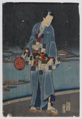 Toyohara Kunichika (Japanese, 1835–1900). <em>Gengi and Beauties Catching Fireflies, from the series Genji in Modern Style</em>, 4th month, 1861. Woodblock color print on paper, 14 x 9 1/2 in. (35.6 x 24.1 cm). Brooklyn Museum, Anonymous gift, 76.151.25 (Photo: Brooklyn Museum, 76.151.25_IMLS_PS4.jpg)