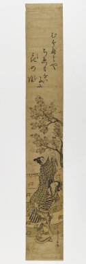 Torii Kiyohiro (Japanese, died 1776). <em>Young Man and Woman Hanging Tanzaku Poem Cards</em>, c. 1750. Woodblock print, 28 3/8 x 4 1/8 in. (72.1 x 10.5 cm). Brooklyn Museum, Anonymous gift, 76.151.30 (Photo: Brooklyn Museum, 76.151.30_IMLS_PS4.jpg)