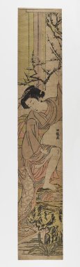 Isoda Koryusai (Japanese, ca. 1766-1788). <em>Beauty with Reflection in a Well</em>, c. 1780. Woodblock Print, 24 3/4 x 4 3/8 in. (62.9 x 11.1 cm). Brooklyn Museum, Anonymous gift, 76.151.33 (Photo: Brooklyn Museum, 76.151.33_IMLS_PS4.jpg)