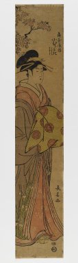 Choki Eichosai (Japanese, active 1785–1805). <em>Kamurasaki of Kado-Tamaya, Kamuro Kocho, and Haruji</em>, c. 1790. Woodblock print, 24 1/4 x 4 5/8 in. (61.6 x 11.7 cm). Brooklyn Museum, Anonymous gift, 76.151.38 (Photo: Brooklyn Museum, 76.151.38_IMLS_PS4.jpg)