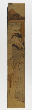 Katsukawa Shunko (Japanese, active ca. 1770-1790). <em>Beauty in a Teahouse at the Sea</em>, circa 1780. Woodblock print, 27 x 4 5/8 in. (68.6 x 11.7 cm). Brooklyn Museum, Anonymous gift, 76.151.41 (Photo: Brooklyn Museum, 76.151.41_IMLS_PS4.jpg)