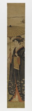 Katsukawa Shunko (Japanese, active ca. 1770-1790). <em>Woman with Umbrella</em>, circa 1780. Woodblock print, 26 1/2 x 4 1/2 in. (67.3 x 11.4 cm). Brooklyn Museum, Anonymous gift, 76.151.42 (Photo: Brooklyn Museum, 76.151.42_IMLS_PS4.jpg)