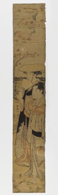 Katsukawa Shuncho (Japanese, active ca. 1780-1801). <em>Lovers Parade in Cherry Blossoms</em>, 1780s. Woodblock print, 27 x 4 5/8 in. (68.6 x 11.7 cm). Brooklyn Museum, Anonymous gift, 76.151.45 (Photo: Brooklyn Museum, 76.151.45_IMLS_PS4.jpg)