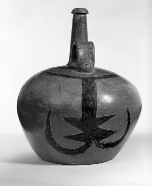 Chorrera. <em>Whistling Bottle</em>, 1200-300 B.C.E. Clay, slips, 8 3/4 in.  (22.2 cm). Brooklyn Museum, Gift of Egizia Modiano, 76.166.12. Creative Commons-BY (Photo: Brooklyn Museum, 76.166.12_bw.jpg)