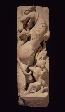  <em>Rampant Shardul with Kneeling Worshipper Holding Tail</em>, ca. 11th century. Sandstone, 24 1/2 x 8 3/4 in. (62.2 x 22.2 cm). Brooklyn Museum, Gift of Martha M. Green, 76.179.3. Creative Commons-BY (Photo: Brooklyn Museum, 76.179.3.jpg)