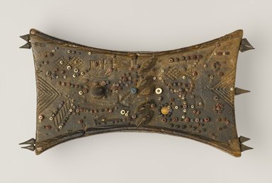 Luba. <em>Lukasa Memory Board</em>, late 19th or early 20th century. Wood, metal, beads, 10 × 5 3/4 × 2 1/4 in. (25.4 × 14.6 × 5.7 cm). Brooklyn Museum, Gift of Marcia and John Friede, 76.20.4. Creative Commons-BY (Photo: Brooklyn Museum, 76.20.4_view1_PS9.jpg)