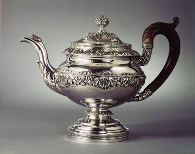 Sidney Gardiner. <em>Teapot</em>, ca. 1825. Silver, height: 8 5/8 in. (21.9 cm); diameter of base: 4 3/8 in. (11.1 cm). Brooklyn Museum, Gift of the Friends of Halsted James, 76.36. Creative Commons-BY (Photo: Brooklyn Museum, 76.36_SL4.jpg)