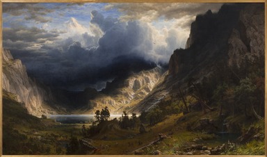 Albert Bierstadt (American, born Germany, 1830-1902). <em>A Storm in the Rocky Mountains, Mt. Rosalie</em>, 1866. Oil on canvas, frame: 98 5/8 × 158 1/8 × 7 1/4 in., 335 lb. (250.5 × 401.6 × 18.4 cm, 151.96kg). Brooklyn Museum, Dick S. Ramsay Fund, Healy Purchase Fund B, Frank L. Babbott Fund, A. Augustus Healy Fund, Ella C. Woodward Memorial Fund, Carll H. de Silver Fund, Charles Stewart Smith Memorial Fund, Caroline A.L. Pratt Fund, Frederick Loeser Fund, Augustus Graham School of Design Fund, Museum Collection Fund, Special Subscription, and John B. Woodward Memorial Fund; Purchased with funds given by Daniel M. Kelly and Charles Simon; Bequest of Mrs. William T. Brewster, Gift of Mrs. W. Woodward Phelps in memory of her mother and father, Ella M. and John C. Southwick, Gift of Seymour Barnard, Bequest of Laura L. Barnes, Gift of J.A.H. Bell, and Bequest of Mark Finley, by exchange
, 76.79 (Photo: Brooklyn Museum, 76.79_PS20.jpg)