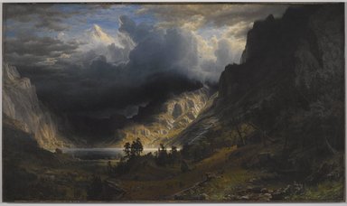 Albert Bierstadt (American, born Germany, 1830-1902). <em>A Storm in the Rocky Mountains, Mt. Rosalie</em>, 1866. Oil on canvas, frame: 98 5/8 x 158 1/8 x 7 1/4 in., 286 lb. (250.5 x 401.6 x 18.4 cm, 129.73kg). Brooklyn Museum, Dick S. Ramsay Fund, Healy Purchase Fund B, Frank L. Babbott Fund, A. Augustus Healy Fund, Ella C. Woodward Memorial Fund, Carll H. de Silver Fund, Charles Stewart Smith Memorial Fund, Caroline A.L. Pratt Fund, Frederick Loeser Fund, Augustus Graham School of Design Fund, Museum Collection Fund, Special Subscription, and John B. Woodward Memorial Fund; Purchased with funds given by Daniel M. Kelly and Charles Simon; Bequest of Mrs. William T. Brewster, Gift of Mrs. W. Woodward Phelps in memory of her mother and father, Ella M. and John C. Southwick, Gift of Seymour Barnard, Bequest of Laura L. Barnes, Gift of J.A.H. Bell, and Bequest of Mark Finley, by exchange
, 76.79 (Photo: Brooklyn Museum, 76.79_bt_PS4.jpg)