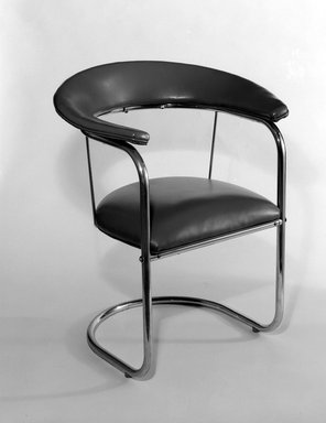 Russel Wright (American, 1904–1976). <em>Armchair</em>, ca. 1934. Chromium, plastic (Naugahyde), 76.99.1: 32 x 27 x 18 1/2 in. (81.3 x 68.6 x 47 cm). Brooklyn Museum, Gift of the artist, 76.99.1. Creative Commons-BY (Photo: Brooklyn Museum, 76.99.1_bw.jpg)