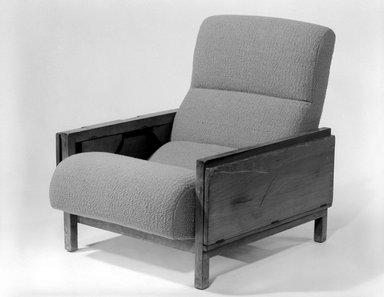 Russel Wright (American, 1904-1976). <em>Armchair "Statton,"</em> Designed 1950; Manufactured ca. 1951. Sycamore, upholstery, 32 1/2 x 29 (width with leaves closed) x 35 1/2 in. (82.6 x 73.7 x 90.2 cm). Brooklyn Museum, Gift of the artist, 76.99.2a-b. Creative Commons-BY (Photo: Brooklyn Museum, 76.99.2_bw_closed.jpg)