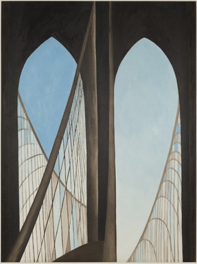 Georgia O'Keeffe (American, 1887–1986). <em>Brooklyn Bridge</em>, 1949. Oil on masonite, 47 15/16 x 35 7/8in. (121.8 x 91.1cm). Brooklyn Museum, Bequest of Mary Childs Draper, 77.11 (Photo: Brooklyn Museum, 77.11_cropped_PS20.jpg)