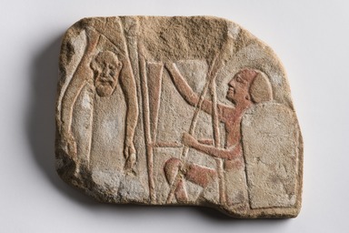  <em>Relief Representation of a Battle Scene</em>, ca. 1332–1322 B.C.E. Sandstone, pigment, 8 11/16 x 10 1/4 x 11/16 in. (22 x 26 x 1.8 cm). Brooklyn Museum, Charles Edwin Wilbour Fund, 77.130. Creative Commons-BY (Photo: Brooklyn Museum, 77.130_PS22.jpg)