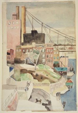 Marguerite Thompson Zorach (American, 1887–1968). <em>Manhattan Landscape with View of the Queensboro Bridge - Brooklyn Landscape</em>, ca. 1937. Watercolor and graphite on off white, moderately thick, slightly textured wove paper, 21 7/8 x 15 1/8 in. (55.6 x 38.4 cm). Brooklyn Museum, Gift of Professor and Mrs. Sidney Hook, 77.147. © artist or artist's estate (Photo: Brooklyn Museum, 77.147.jpg)