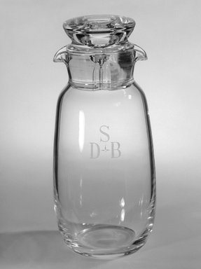 Donald Russell (working for Steuben 1936-1972). <em>Cocktail Shaker and Stopper</em>, ca. 1941. Glass, 9 x 2 3/4 x 2 3/4 in. (22.9 x 7 x 7 cm). Brooklyn Museum, Gift of Mrs. Bernard Schiro, 77.190.3a-b. Creative Commons-BY (Photo: Brooklyn Museum, 77.190.3_bw.jpg)