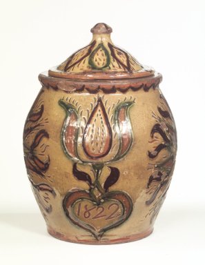 American. <em>Jar</em>, ca. 1822. Earthenware, 9 1/8 x 5 3/8 in. (23.2 x 13.7 cm). Brooklyn Museum, Purchased with funds given by Christine V. Ness, H. Randolph Lever Fund, Alfred T. and Caroline S. Zoebisch Fund, and other funds, 77.191.6. Creative Commons-BY (Photo: Brooklyn Museum, 77.191.6_transp2642.jpg)