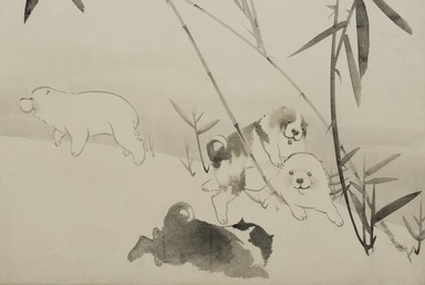 Nagasawa Rosetsu (Japanese, 1754-1799). <em>Puppies and Bamboo in Moonlight</em>, early 1790's. Pair of two-panel sliding doors, ink and light color on paper, Each panel: 67 1/2 x 37 1/8 in. (171.5 x 94.3 cm). Brooklyn Museum, Gift of Mr. and Mrs. Patrick Gilmartin and Mr. and Mrs. Edward Greenberg, 77.202a-b. Creative Commons-BY (Photo: Brooklyn Museum, 77.202a-b_detail01_PS11.jpg)