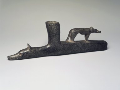 Native American (unidentified). <em>Wolf Effigy Pipe</em>, 18th century. Steatite, 3 1/8 x 9 15/16 x 3/4 in. (7.9 x 25.2 x 1.9 cm). Brooklyn Museum, A. Augustus Healy Fund, 77.30.3. Creative Commons-BY (Photo: Brooklyn Museum, 77.30.3_transp6357.jpg)