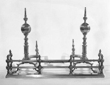  <em>Pair of Andirons, Pole and Fender</em>, ca. 1770-1800. Brass and iron, Andirons: 29 3/8 x 12 1/2 x 23 in. (74.6 x 31.8 x 58.4 cm). Brooklyn Museum, Gift of Bernard Haggerty, 77.85a-d. Creative Commons-BY (Photo: Brooklyn Museum, 77.85a-d_bw.jpg)