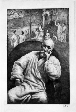 Marcellin-Gilbert Desboutin (French, 1823-1902). <em>Puvis de Chavannes Seated Beneath His Painting: La Bois Sacre</em>, 1895. Drypoint on heliogravure on wove paper, 7 5/8 x 5 in. (19.4 x 12.7 cm). Brooklyn Museum, Designated Purchase Fund, 78.110.4 (Photo: Brooklyn Museum, 78.110.4_bw.jpg)