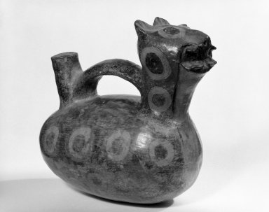 Vicus. <em>Effigy Stirrup Spout Vessel with Resist Paint</em>, 100-500 C.E. Ceramic, pigment Brooklyn Museum, Gift of Mr. and Mrs. Paul B. Taylor, 78.118.37. Creative Commons-BY (Photo: Brooklyn Museum, 78.118.37_bw.jpg)