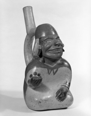 Moche. <em>Stirrup Spout Vessel in Form of a Seated Figure</em>. Ceramic, pigment Brooklyn Museum, Gift of Mr. and Mrs. Paul B. Taylor, 78.118.43. Creative Commons-BY (Photo: Brooklyn Museum, 78.118.43_bw.jpg)