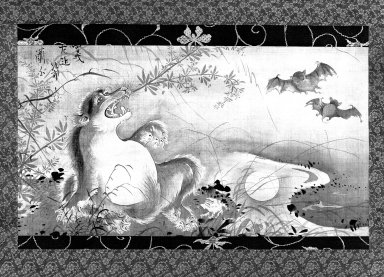 Soga Shohaku (Japanese, 1730-1781). <em>Badger and Bats</em>, 18th century. Hanging scroll, Ink on Silk, Image: 11 7/8 x 21 7/8 in. (30.2 x 55.6 cm). Brooklyn Museum, Anonymous gift, 78.145.5 (Photo: Brooklyn Museum, 78.145.5_bw_IMLS.jpg)