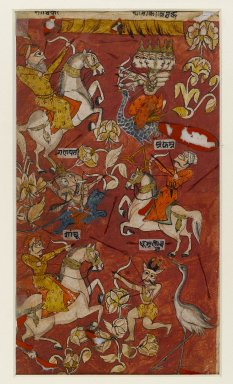 Indian. <em>Battle Scenes from a Bhagavata Purana Series</em>, ca. 1650. Opaque watercolor and gold on thin paper, 8 5/8 x 4 3/4 in. (21.9 x 12.1 cm). Brooklyn Museum, Gift of Dr. and Mrs. Kenneth X. Robbins, 78.203 (Photo: Brooklyn Museum, 78.203_verso_IMLS_PS4.jpg)