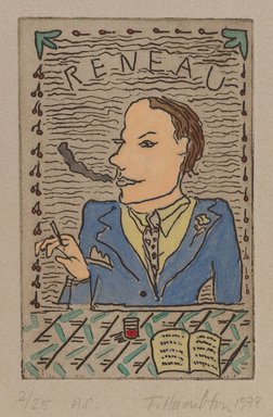 Frances Hamilton (American). <em>Reneau</em>, 1978. Hand-colored etching, Sheet: 14 15/16 x 10 7/8 in. (37.9 x 27.6 cm). Brooklyn Museum, Gift of the artist, 78.218.1. © artist or artist's estate (Photo: Brooklyn Museum, 78.218.1_PS4.jpg)