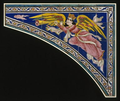  <em>Tile Spandrel (One of Two)</em>, ca. 1870. Ceramic; fritware, painted in cobalt blue, pink, yellow, and green glazes in the cuerda seca (dry-cord) technique, 46 1/8 x 38 1/2 in. (117.2 x 97.8 cm). Brooklyn Museum, Gift of Mr. and Mrs. Paul E. Manheim, 78.244.1. Creative Commons-BY (Photo: Brooklyn Museum, 78.244.1_SL1.jpg)