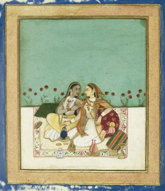 Indian. <em>Two Women on a Terrace</em>, ca. after 1700. Opaque watercolor and gold on paper, sheet: 8 x 7 3/4 in.  (20.3 x 19.7 cm). Brooklyn Museum, Gift of Mr. and Mrs. Robert L. Poster, 78.260.4 (Photo: Brooklyn Museum, 78.260.4_IMLS_SL2.jpg)