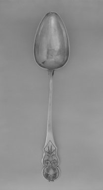  <em>Spoon</em>, 19th century. Silver, 14 3/8 in. (36.5 cm). Brooklyn Museum, Gift of Mrs. Harold J. Roig in memory of Harold J. Roig, 79.123.6. Creative Commons-BY (Photo: Brooklyn Museum, 79.123.6_bw.jpg)