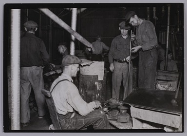 Lewis Wickes Hine (American, 1874-1940). <em>[Untitled] (Men Blowing Glass/Manufacture)</em>, 1936-1937. Gelatin silver print, 4 3/4 x 7 1/4 in.  (12.1 x 18.4 cm). Brooklyn Museum, Gift of the National Archives, 79.143.114 (Photo: Brooklyn Museum, 79.143.114_PS20.jpg)