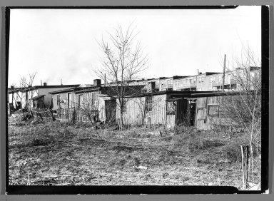Lewis Wickes Hine (American, 1874-1940). <em>[Untitled] (Shanties and Leafless Trees)</em>, 1936-1937. Gelatin silver photograph, 4 3/4 x 7 1/4 in.  (12.1 x 18.4 cm). Brooklyn Museum, Gift of the National Archives, 79.143.56 (Photo: Brooklyn Museum, 79.143.56_bw.jpg)