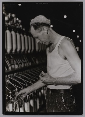 Lewis Wickes Hine (American, 1874-1940). <em>[Untitled] (Man in Cap Holding Thread)</em>, 1936-1937. Gelatin silver print, 7 1/4 x 4 3/4 in. (18.4 x 12.1 cm). Brooklyn Museum, Gift of the National Archives, 79.143.61 (Photo: Brooklyn Museum, 79.143.61_PS20.jpg)