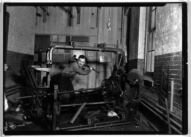 Lewis Wickes Hine (American, 1874-1940). <em>[Untitled] (Two Men Dismantling Metal Frame)</em>, 1936-1937. Gelatin silver photograph, 4 3/4 x 7 1/4 in.  (12.1 x 18.4 cm). Brooklyn Museum, Gift of the National Archives, 79.143.73 (Photo: Brooklyn Museum, 79.143.73_bw.jpg)