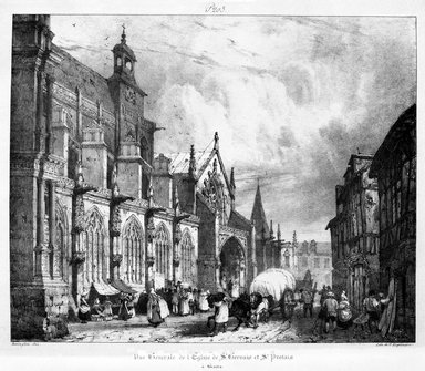 Richard Parkes Bonington (British, 1801-1828). <em>Eglise de Saint-Gervais et Saint - Protais, a Gisoirs</em>, 1824. Lithograph mounted on paper, Image: 8 1/2 x 10 3/8 in. (21.6 x 26.4 cm). Brooklyn Museum, Designated Purchase Fund, 79.155.1 (Photo: Brooklyn Museum, 79.155.1_bw.jpg)