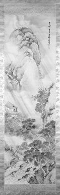 Hanko Fukuda (Japanese, 1804–1864). <em>Mountain Landscape in a Rainstorm</em>, dated August 1857. Hanging scroll, ink and light color on silk, Image: 50 x 15 in. (127 x 38.1 cm). Brooklyn Museum, Gift of Dr. Frederick Baekeland, 79.249.3 (Photo: Brooklyn Museum, 79.249.3_bw_IMLS.jpg)