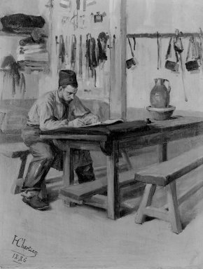 Henri-George-Jacques Chartier (French, 1859-1924). <em>Military Life: Barracks Scene</em>, 1886. Oil on board, 10 3/4 x 8 1/2 in.  (27.3 x 21.6 cm). Brooklyn Museum, Gift of Burton Gordon, 79.288.1 (Photo: Brooklyn Museum, 79.288.1_bw.jpg)
