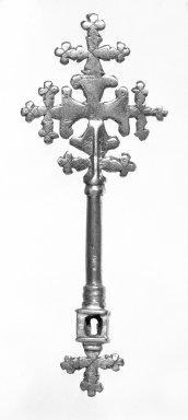 Amhara. <em>Hand Cross (mäsqäl)</em>, 19th or 20th century. Brass, 7 1/2 x 2 7/8 in. (19.0 x 7.4 cm). Brooklyn Museum, Gift of George V. Corinaldi Jr., 79.72.32. Creative Commons-BY (Photo: Brooklyn Museum, 79.72.32_bw.jpg)
