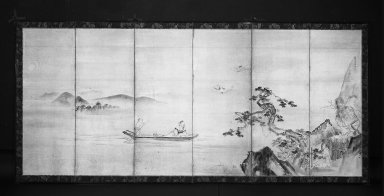 Kano Tan'Yu (Japanese, 1602-1674). <em>Lin Hejing</em>, 17th century. Six-panel screen; ink, light color and a gold wash on paper, 67 3/8 x 145 3/4 in. (171.1 x 370.2 cm). Brooklyn Museum, Gift of Joseph Pinto, 80.12. Creative Commons-BY (Photo: Brooklyn Museum, 80.12_bw.jpg)