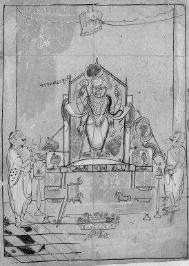Indian. <em>Worship of Shri Nathaji</em>, ca. 1825-1850. Ink and color on paper, sheet: 13 3/8 x 9 3/4 in.  (34.0 x 24.8 cm). Brooklyn Museum, Gift of Marilyn W. Grounds, 80.261.17 (Photo: Brooklyn Museum, 80.261.17_bw_IMLS.jpg)
