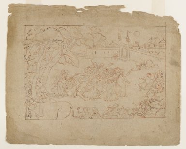 Indian. <em>Krishna and the Gopis Tease an Old Man</em>, ca. 1790-1800. Blackline with orange outlines added on paper, sheet: 10 1/8 x 12 1/4 in.  (25.7 x 31.1 cm). Brooklyn Museum, Gift of Marilyn W. Grounds, 80.261.4 (Photo: Brooklyn Museum, 80.261.4_IMLS_PS4.jpg)